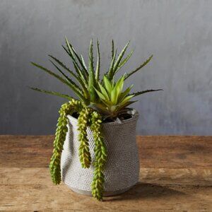 Basket-Texture Vase with Green Faux Botanicals